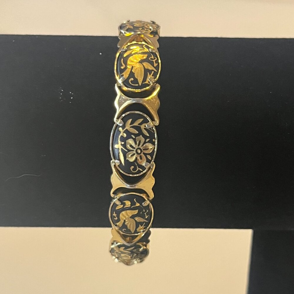 Vintage Spanish Toledo Damascene Niello Bracelet Gold Inlay Bird & Floral